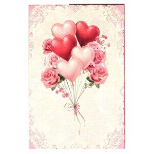 Romantic Heart Balloons Roses Art Postcard Pink Valentine Design Unused Gift